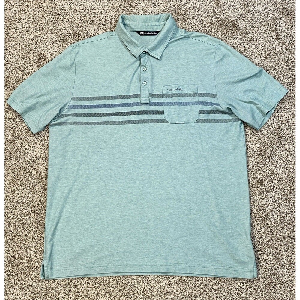 Travis Mathew Polo Shirt Men's L Golf Single Pocket Logo Lightweight Aqua Blue